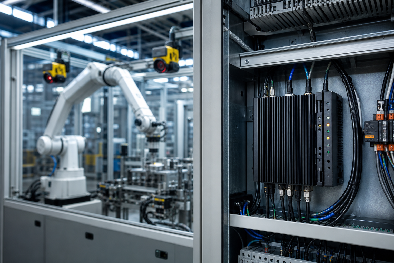 Edge AI počítač v rozvádzači pri priemyselnom robotickom pracovisku
