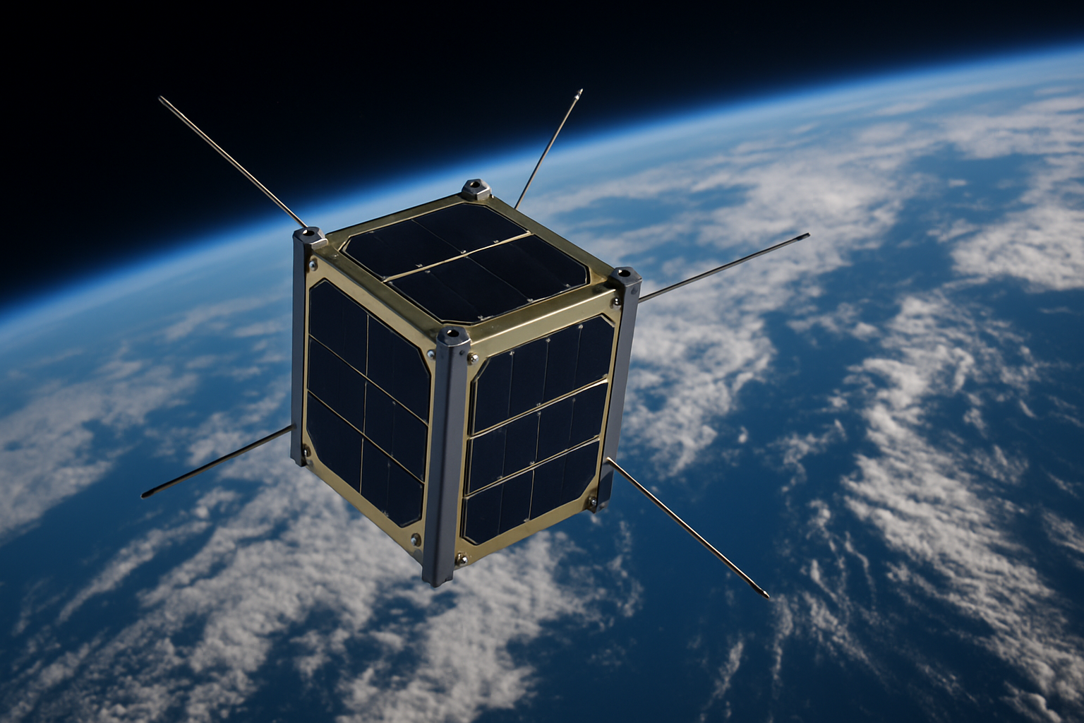 Ilustrácia malého kockového nanosatelitu typu CubeSat na obežnej dráhe Zeme