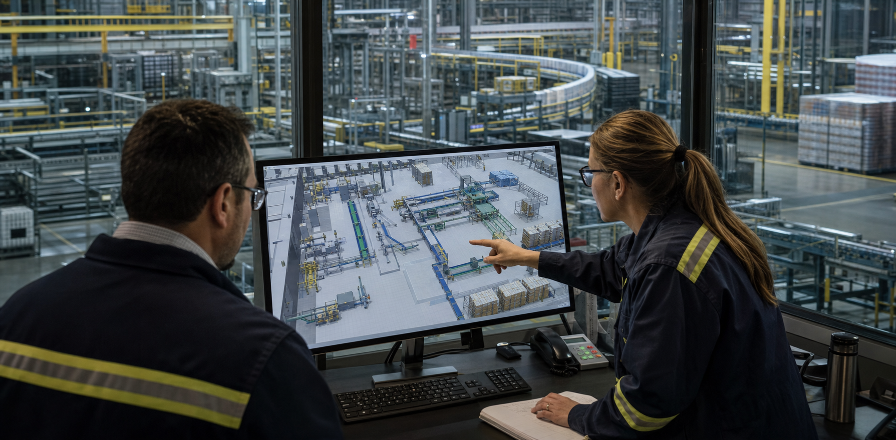 Inžinieri porovnávajú digitálny model materiálového toku so skutočnou výrobnou halou.